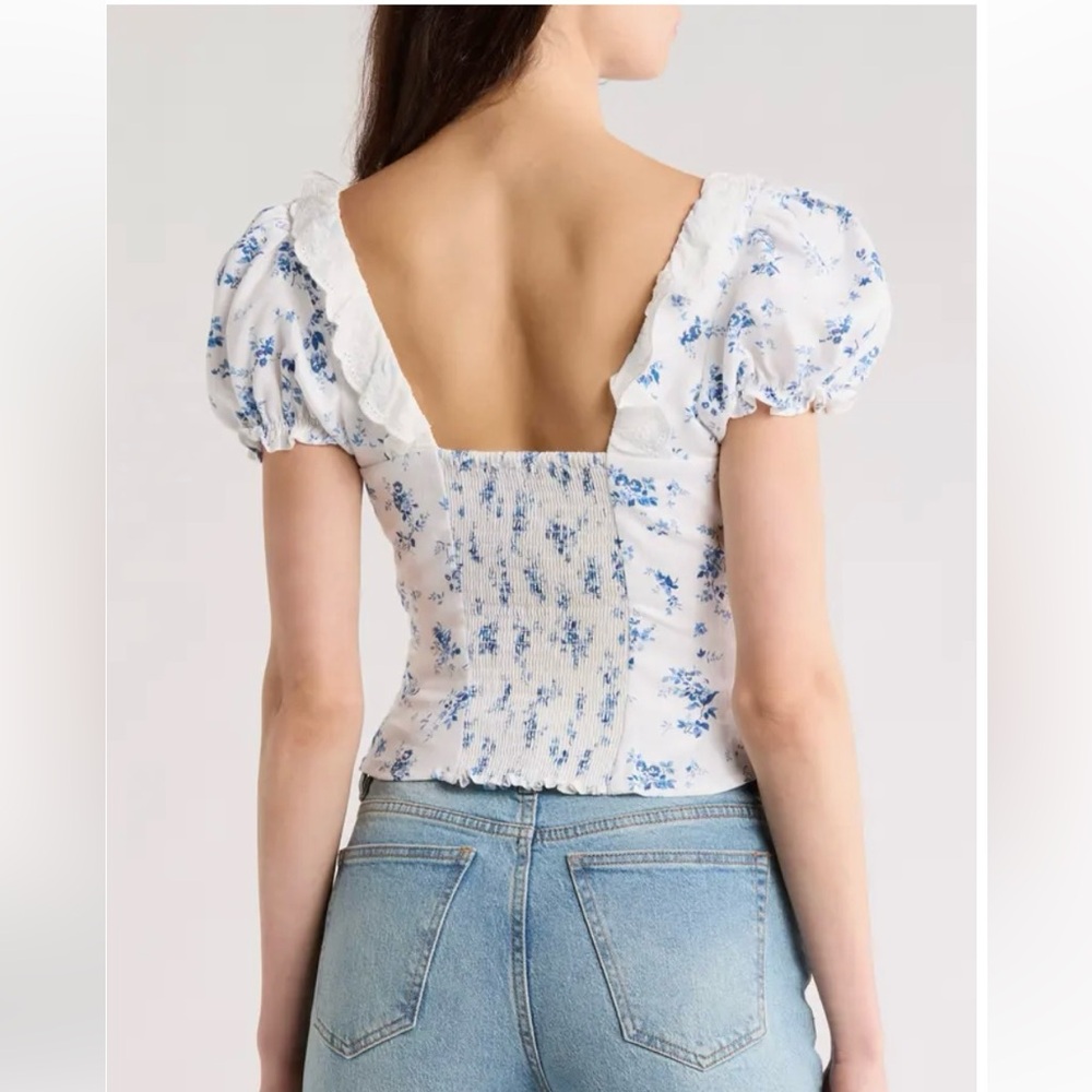New Reformation Alice Lace Trim Puff Sleeve Crop Top - Picture 2 of 7